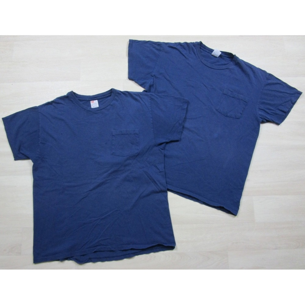 Vintage 90s Hanes Blank Blue Pocket T Shirt Men's (L) Single Stitch Lot of 2